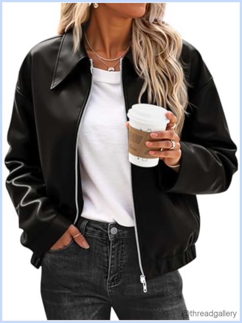 Faux Leather Cropped Bomber Jacket Zip Up Motorcycle Coat